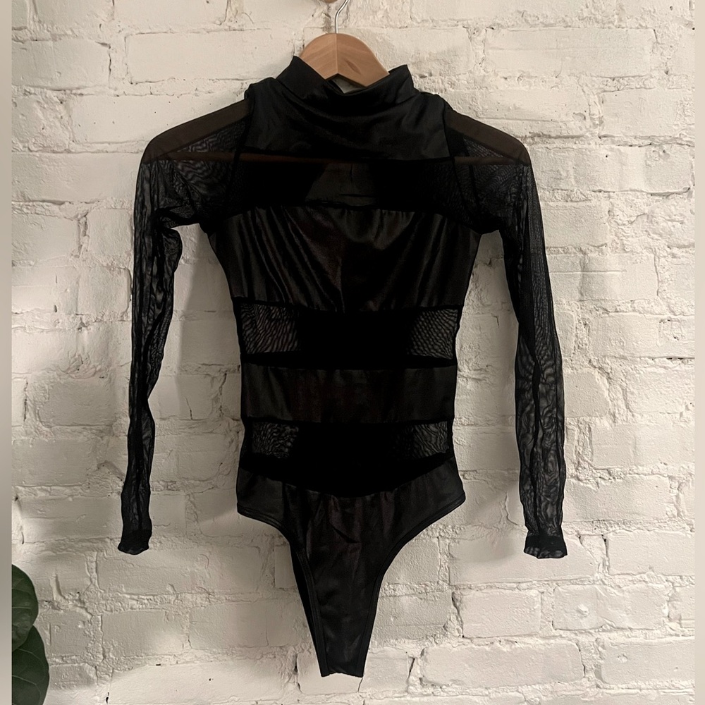 Black Sheer Mesh Mock Neck Top